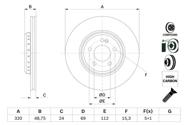 Спирачни дискове за MERCEDES-BENZ GLC (X253) 300 e 4-matic (253.953) 0 986 479 G39 BOSCH               