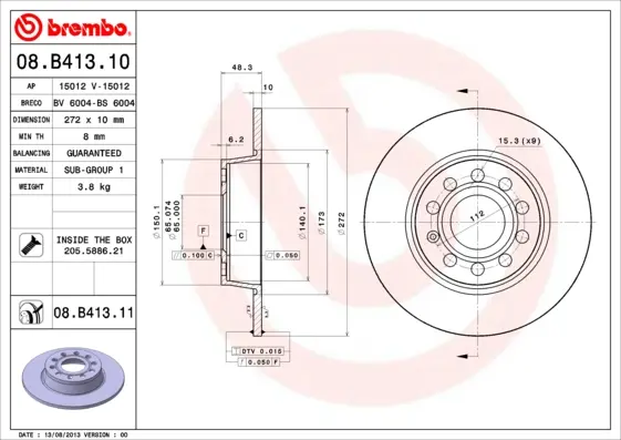 Спирачни дискове за SKODA OCTAVIA Combi (5E5) 1.4 TSI G-TEC 08.B413.10 BREMBO              