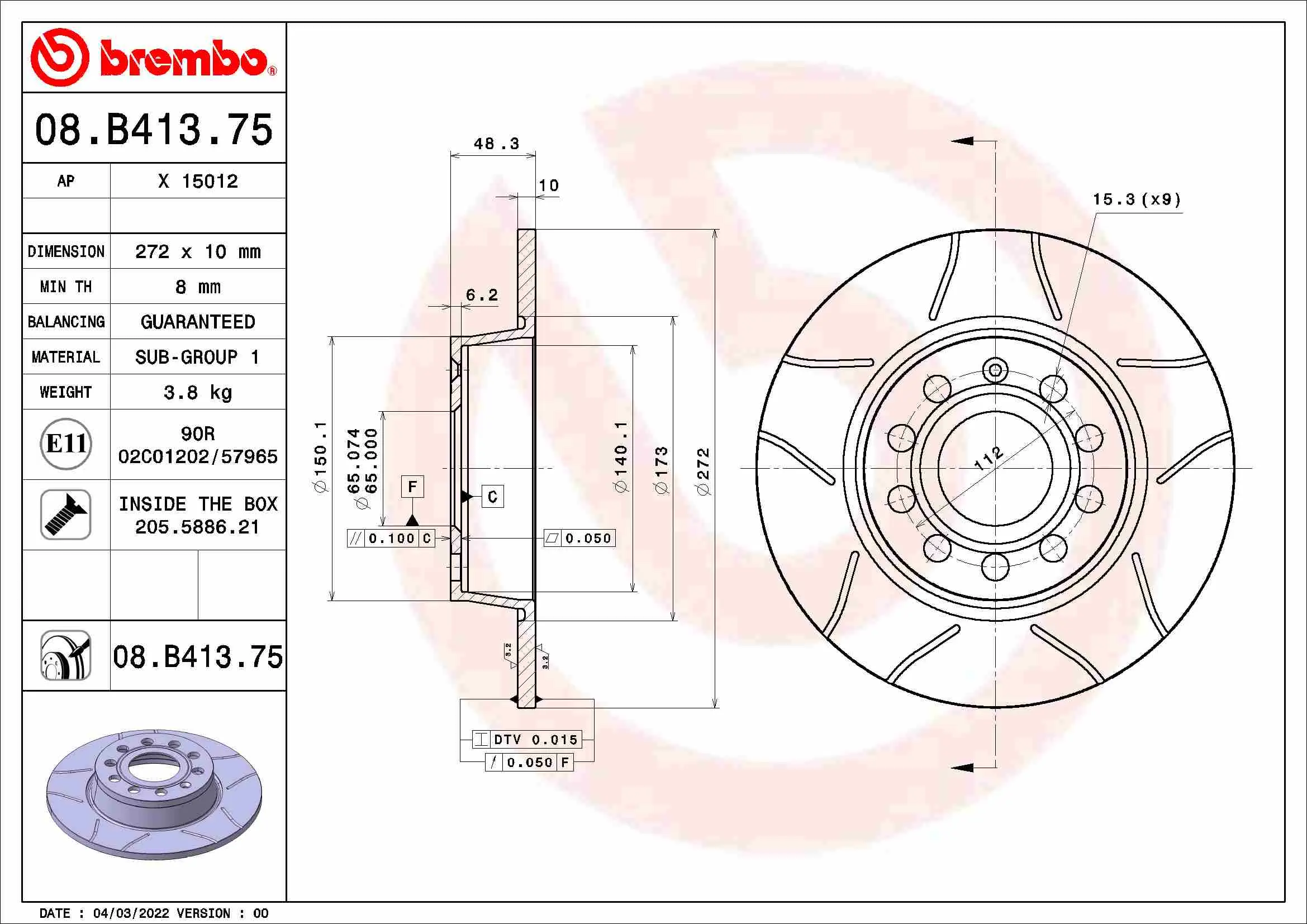 Спирачни дискове за SKODA OCTAVIA Combi (5E5) 1.4 TSI G-TEC 08.B413.75 BREMBO              