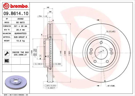 Спирачни дискове за HYUNDAI SANTA FE IV (TM) 2.0 D 09.B614.10 BREMBO              