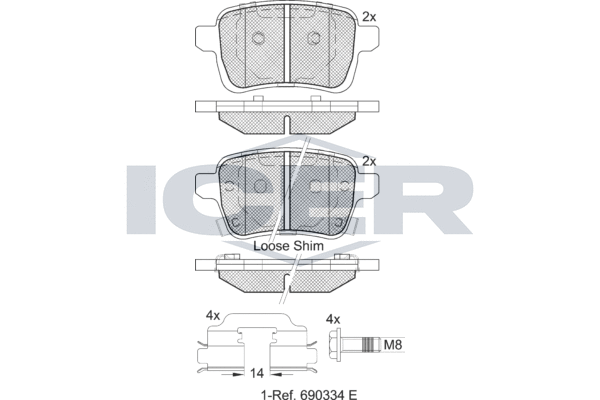 комплект спирачно феродо, дискови спирачки ICER                