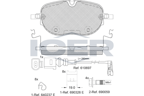 комплект спирачно феродо, дискови спирачки ICER                