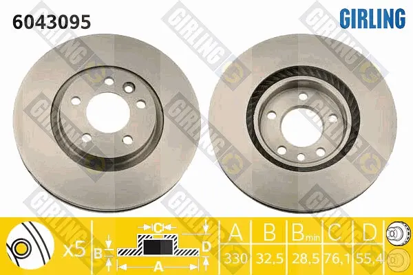 Спирачни дискове за Volkswagen TRANSPORTER V кутия (7HA, 7HH, 7EA, 7EH) 1.9 TDI 6043095 GIRLING             