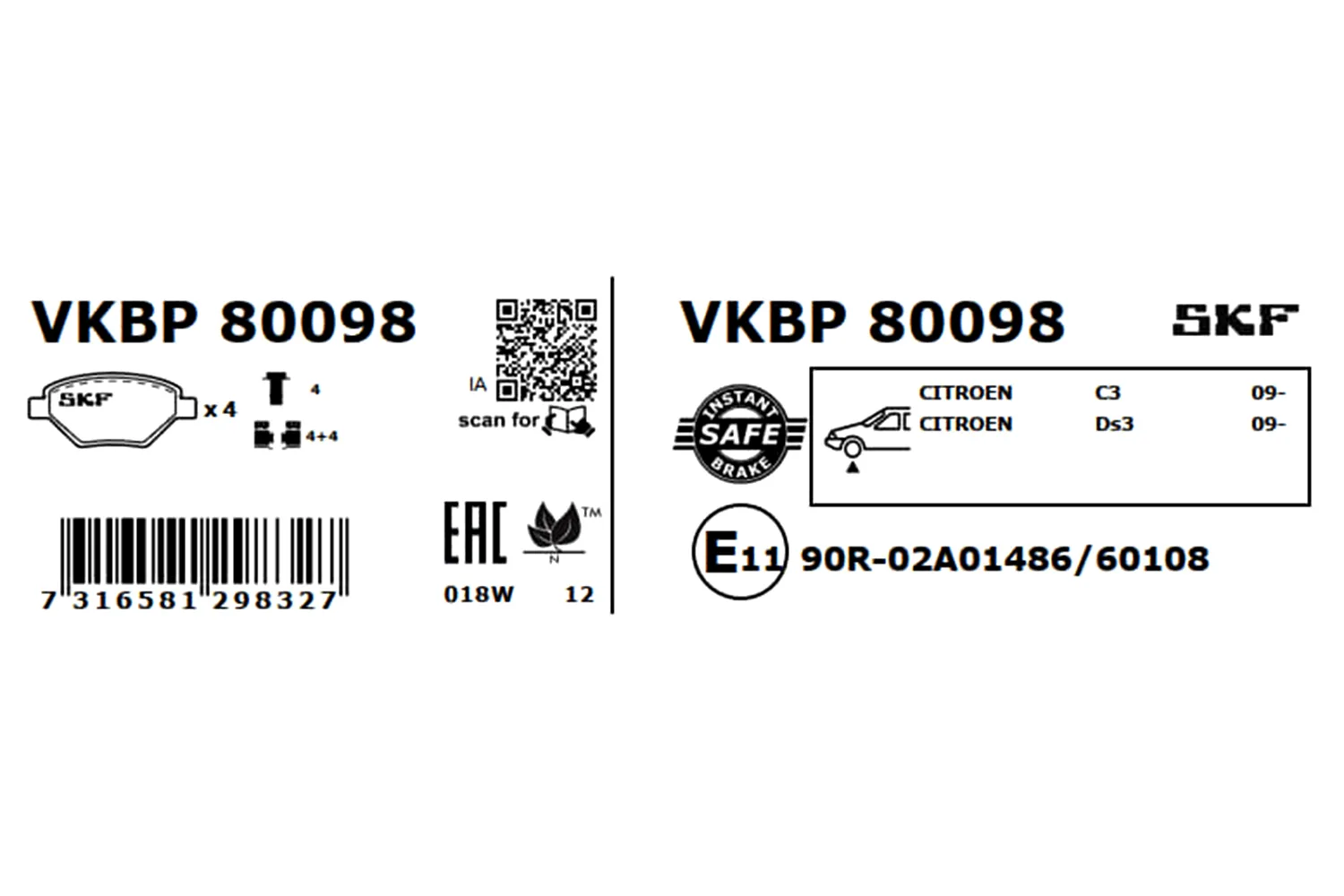 Комплект спирачно феродо, дискови спирачки SKF VKBP 80098